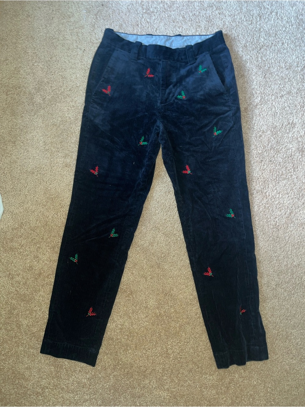 Brooks Brothers navy corduroy pants with embroidered holly pattern
